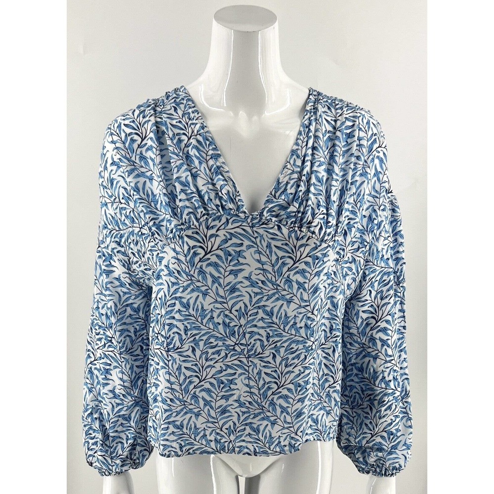CDM Top Size M Blue White Printed V Neck Ruched Long Sleeve Blouse Womens